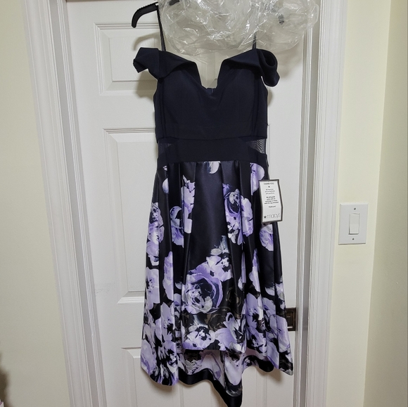 XSCAPE Off-The-Shoulder Floral Skirt Dark Blue and Purple High Low Dress sz 10 - Picture 4 of 11